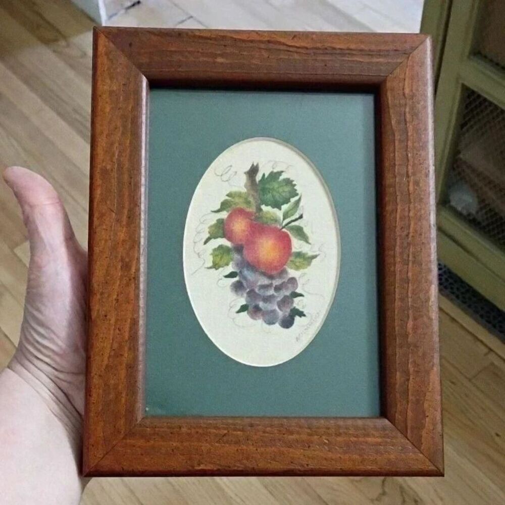 A. Cummings Signed Theorem Art Painting Folk Art Fruit Still Art Wood Frame